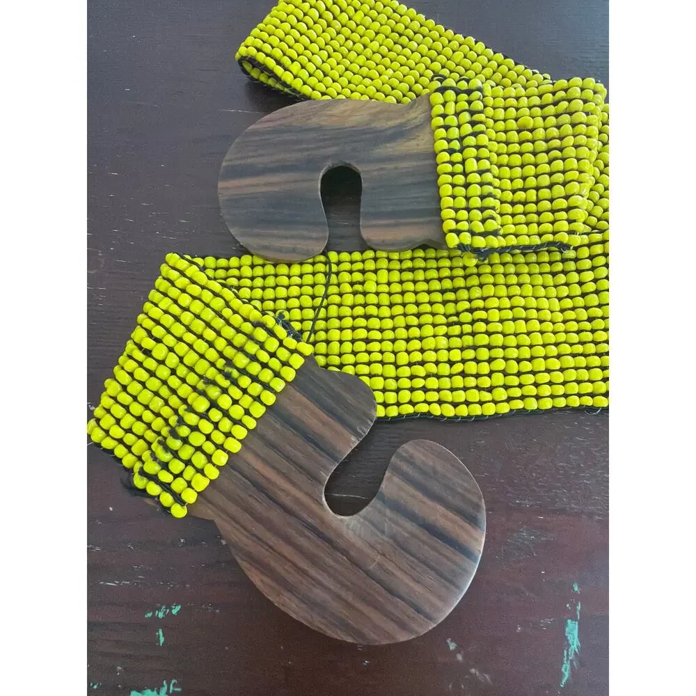 Wide Stretch Belt Vibrant Yellow Seed Bead Band Interlocking Carved Wood Buckle